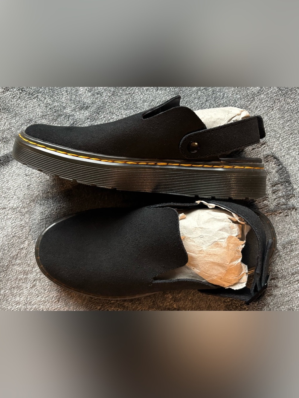 DR MARTENS CARLSON BLK Suede | Slingback | Clog/Mule Shoe w ORNG Stitching US6